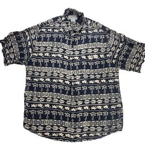 Back East Santa Barbara Mens Large Rayon Tribal Palm Tree Gecko ButtonDown Shirt